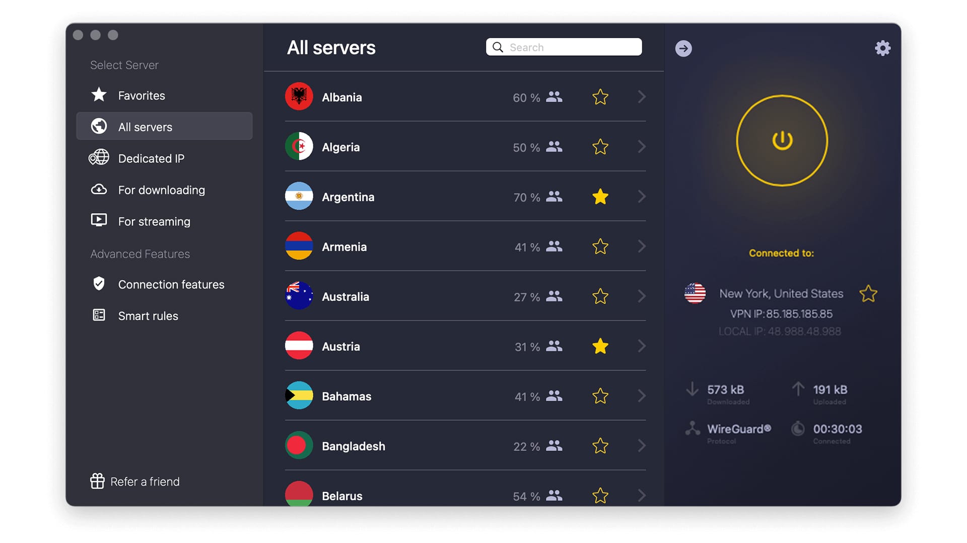 Interface de CyberGhost VPN